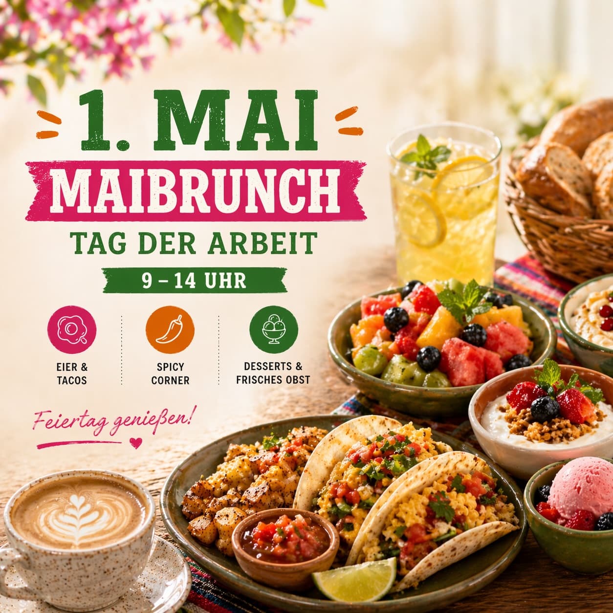 Maibrunch am 1. Mai 🌞 – Frühstücks- & Mittagsbuffet von 9–14 Uhr mit Live-Tacos & Dessertbar.