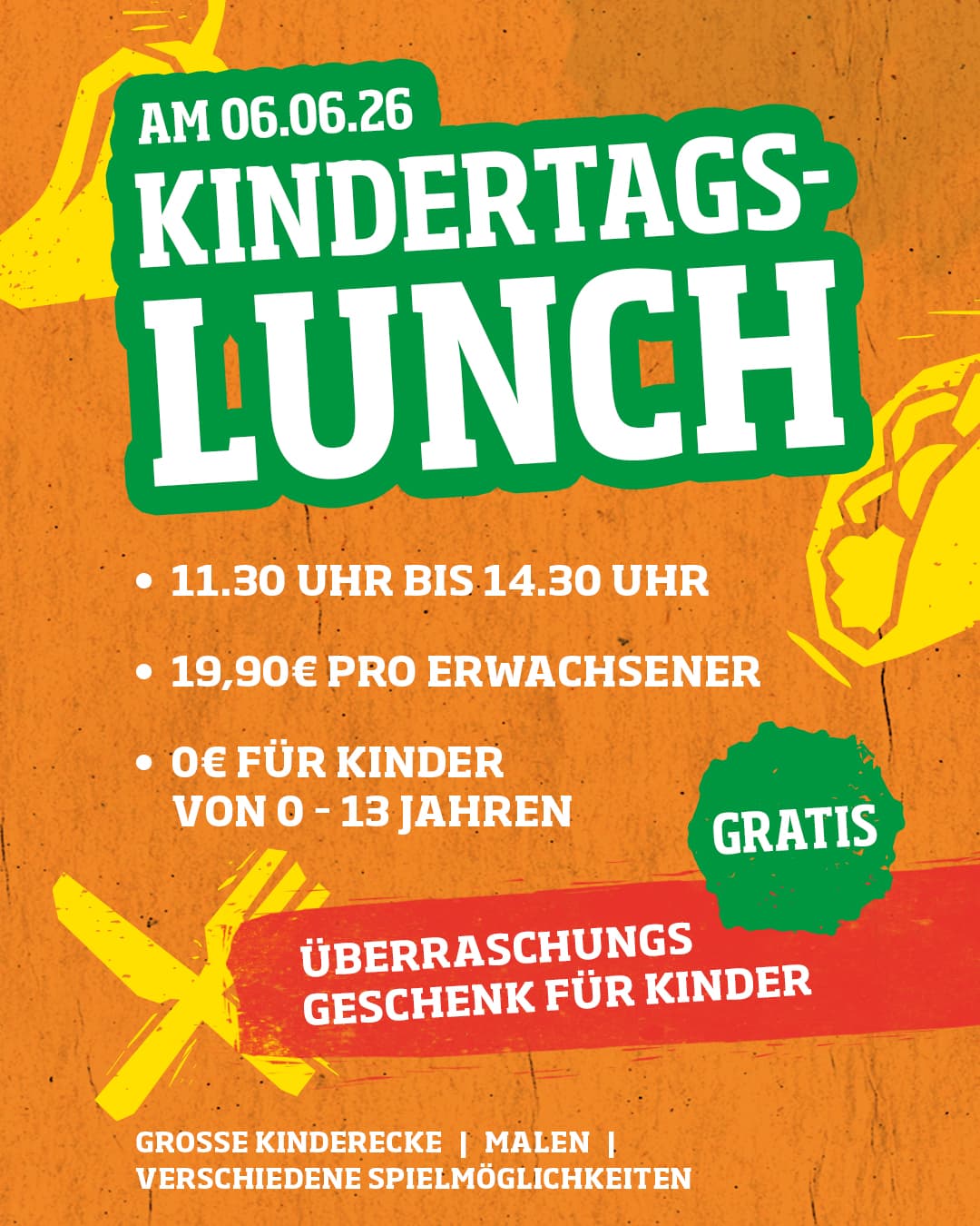 Kindertags-Lunch 🎉🌮 – am 06.06. essen Kinder bis 13 gratis, dazu Mal- & Spielspaß.