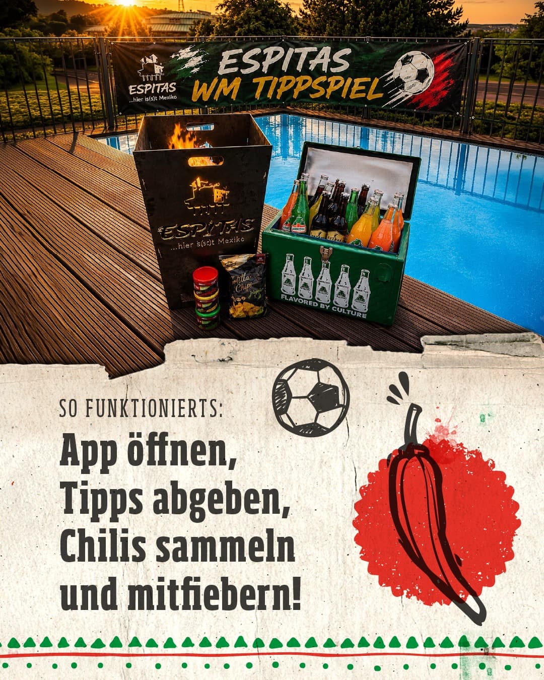 WM-Tippspiel 2026 ⚽🌶️ – tippe in der App, sammle Chilis & gewinne den Casa Sol Feuerkorb.